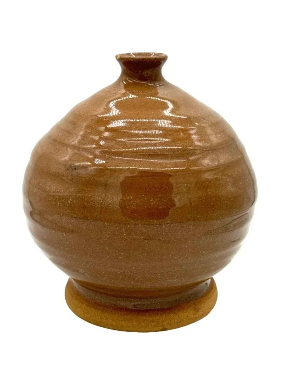 Vintage Hand Thrown Brown Glazed Round Bud Vase Signed R.N. 1991